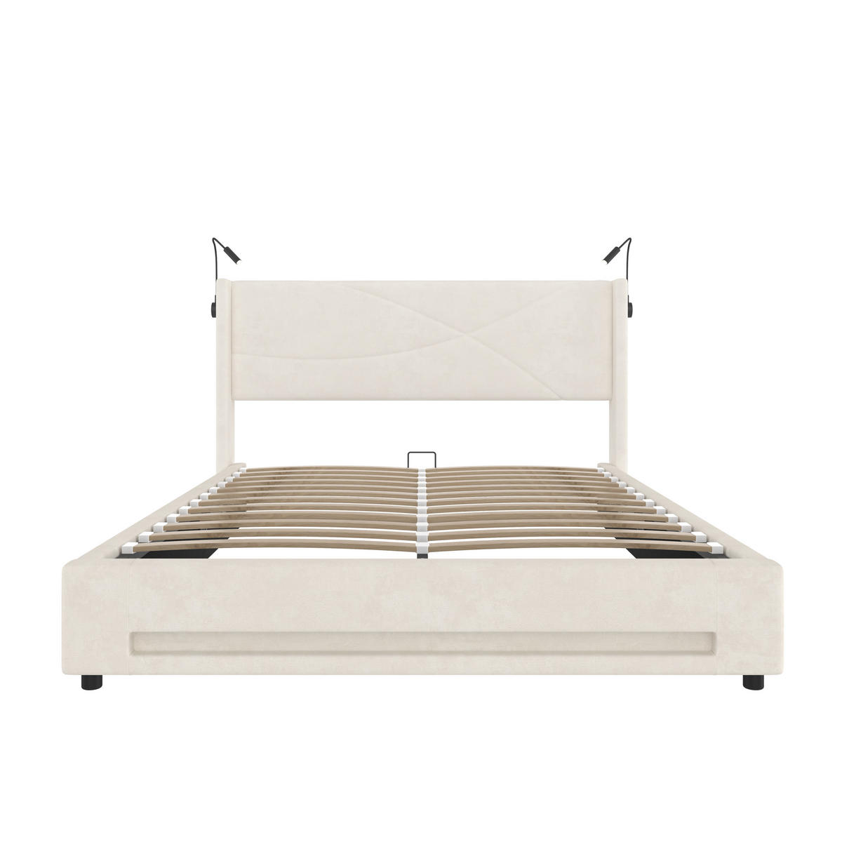 BETTGESTELL 140/200 cm Beige mit LED-Lichtleisten und hydraulischem Stauraum - Beige, Textil (140/200cm) - OKWISH