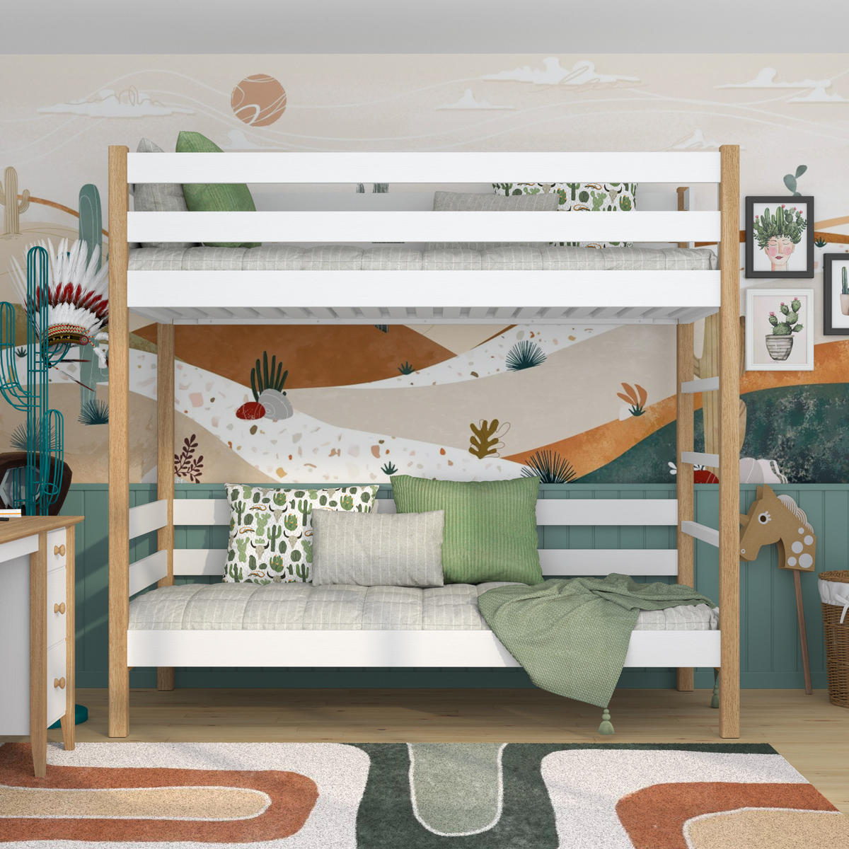 ETAGENBETT N03 Weiß / Eiche Natur 90/180 - Eiche Artisan/Weiß, Naturmaterialien/Holz (90/180cm) - N-Wood