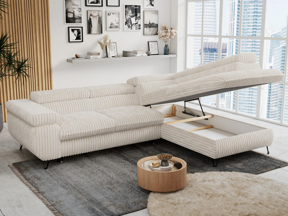 ECKSOFA PETER L Beige Cord - Rechts Seite - Beige/Schwarz, Textil/Metall (273/208cm) - MKS