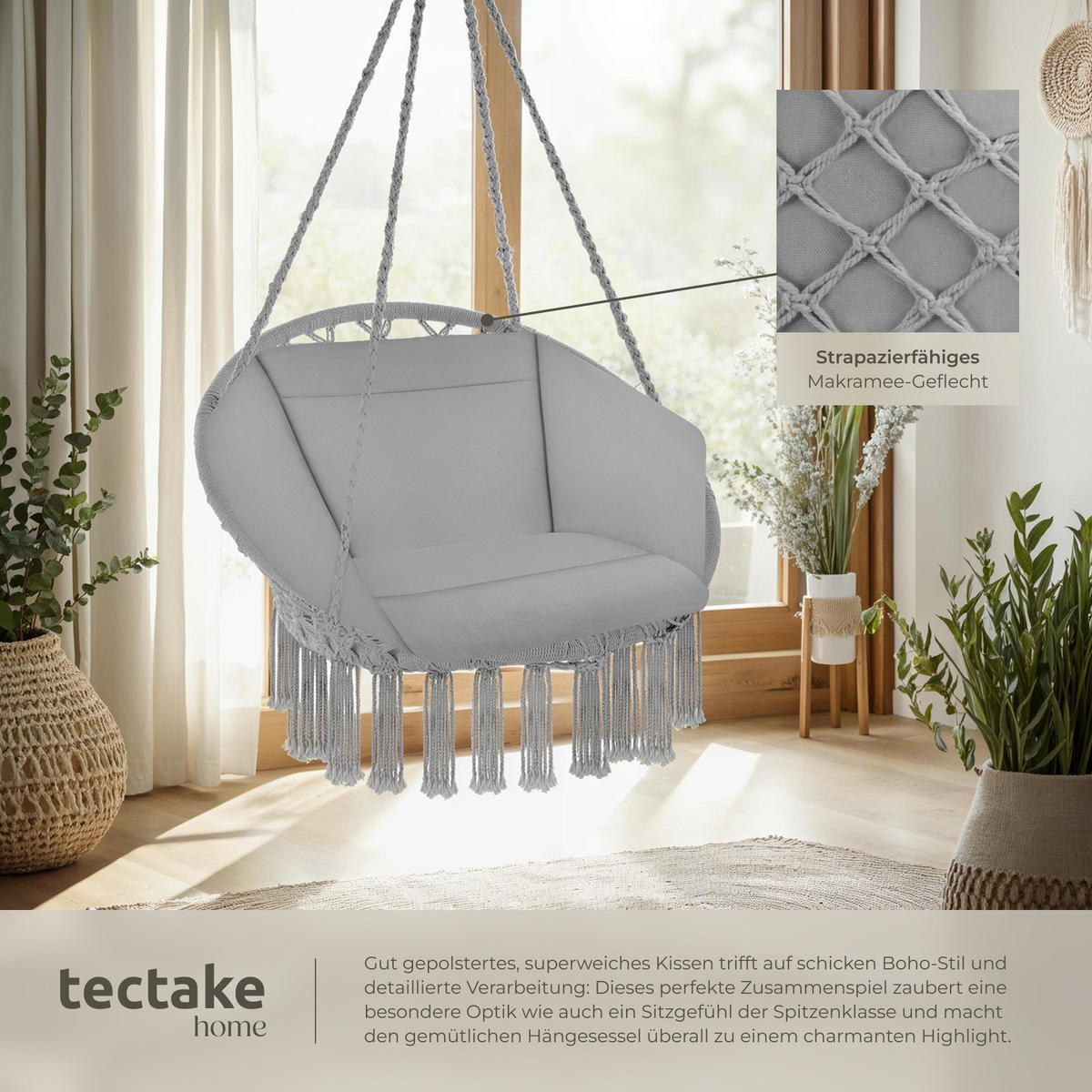 HÄNGESESSEL Grazia,80 x 72 x 125 cm,grau - Grau, Kunststoff/Metall (80/125/72cm) - tectake