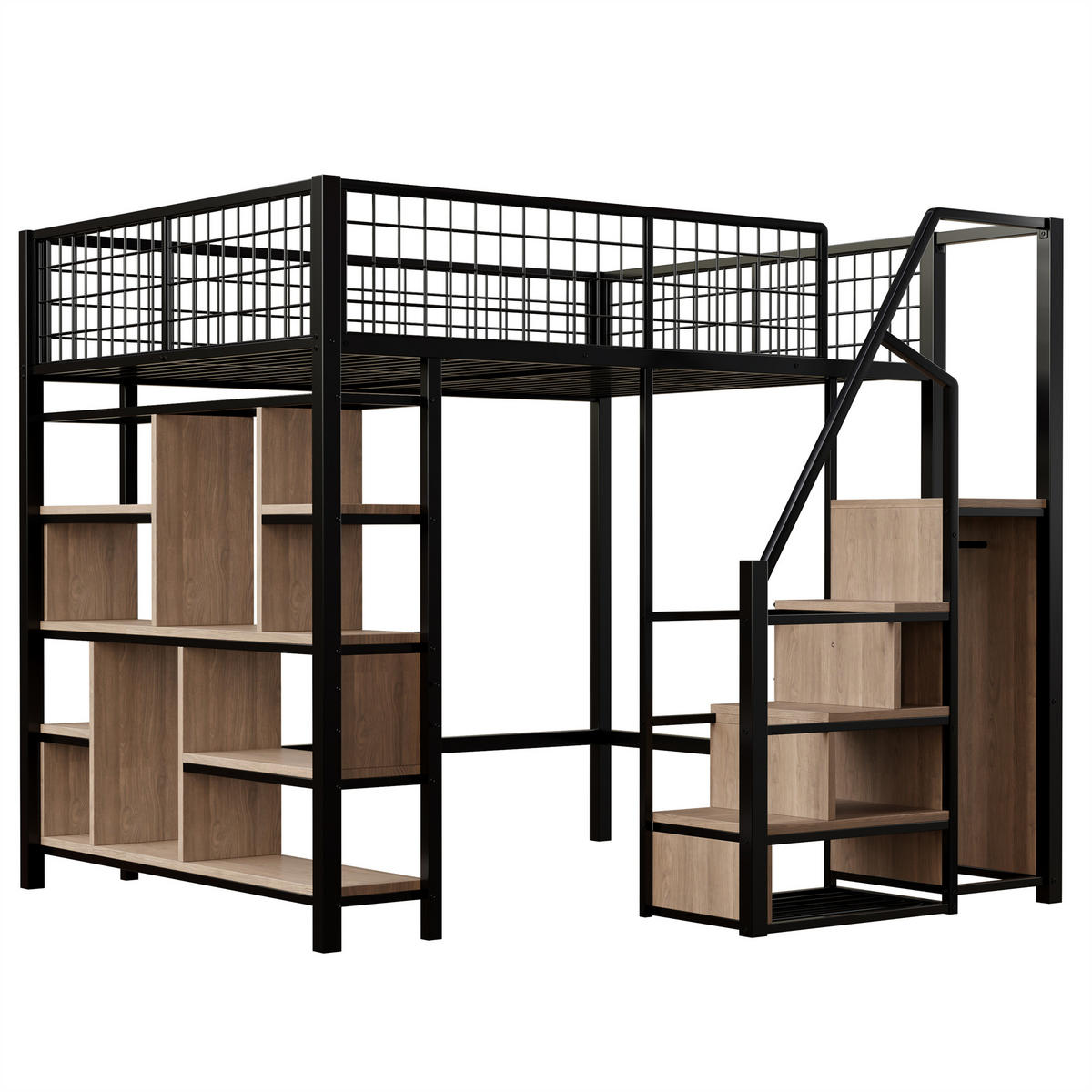HOCHBETT aus Metall und Holz 140x200 cm in Schwarz mit Stauraumtreppe - Schwarz, Holzwerkstoff (140/200cm) - Modfu