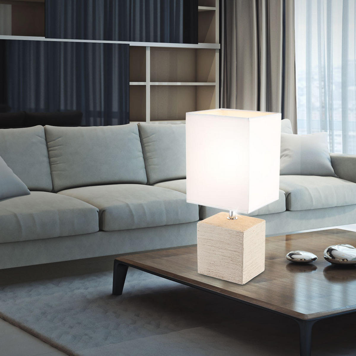 TISCHLEUCHTE Keramik Beige Weiß GERI 2er Set - Weiß, Textil (13/11/29cm) - Globo Lighting