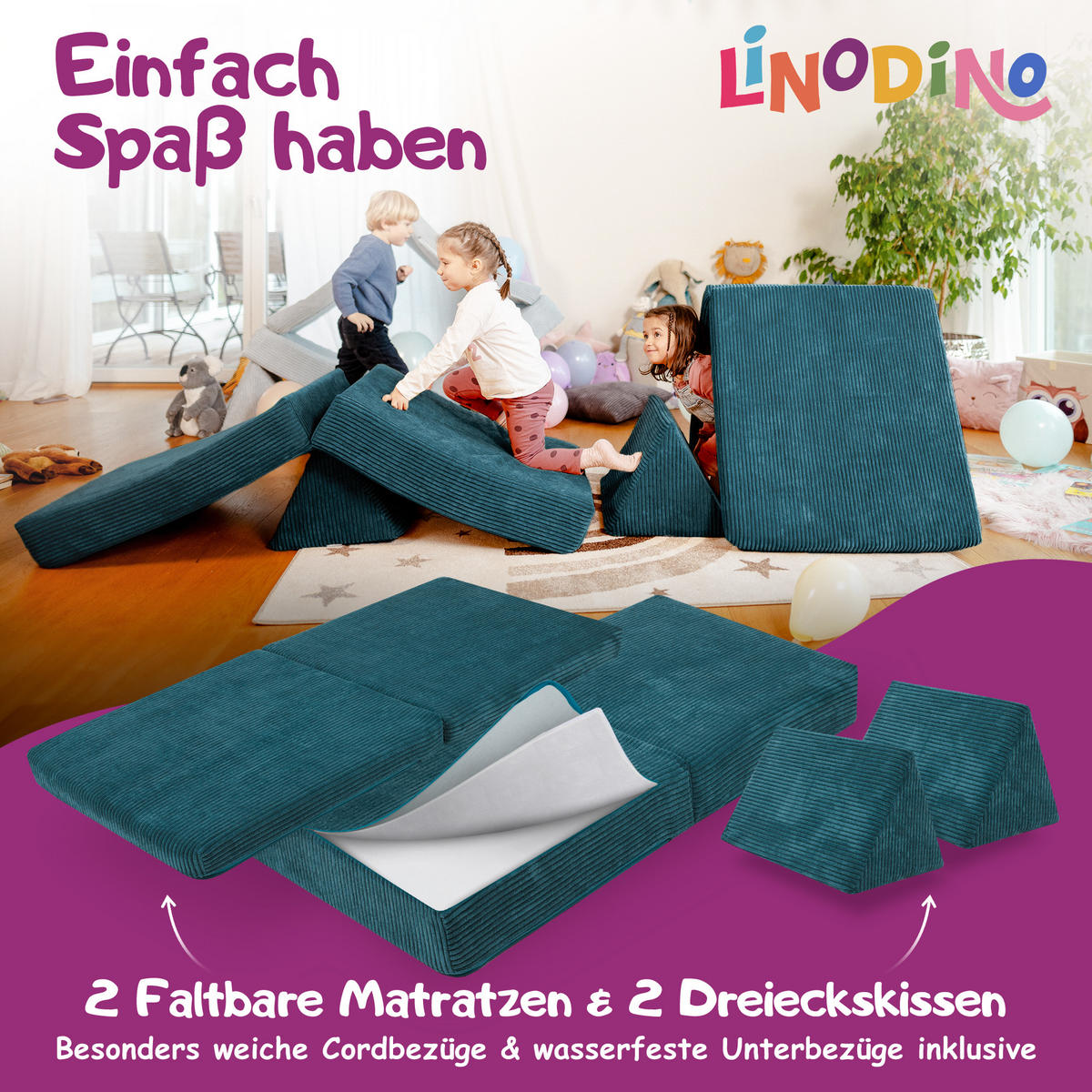 KINDERSOFA Spielparadies - Dunkelgrün, Textil (66/52/150cm) - Linodino