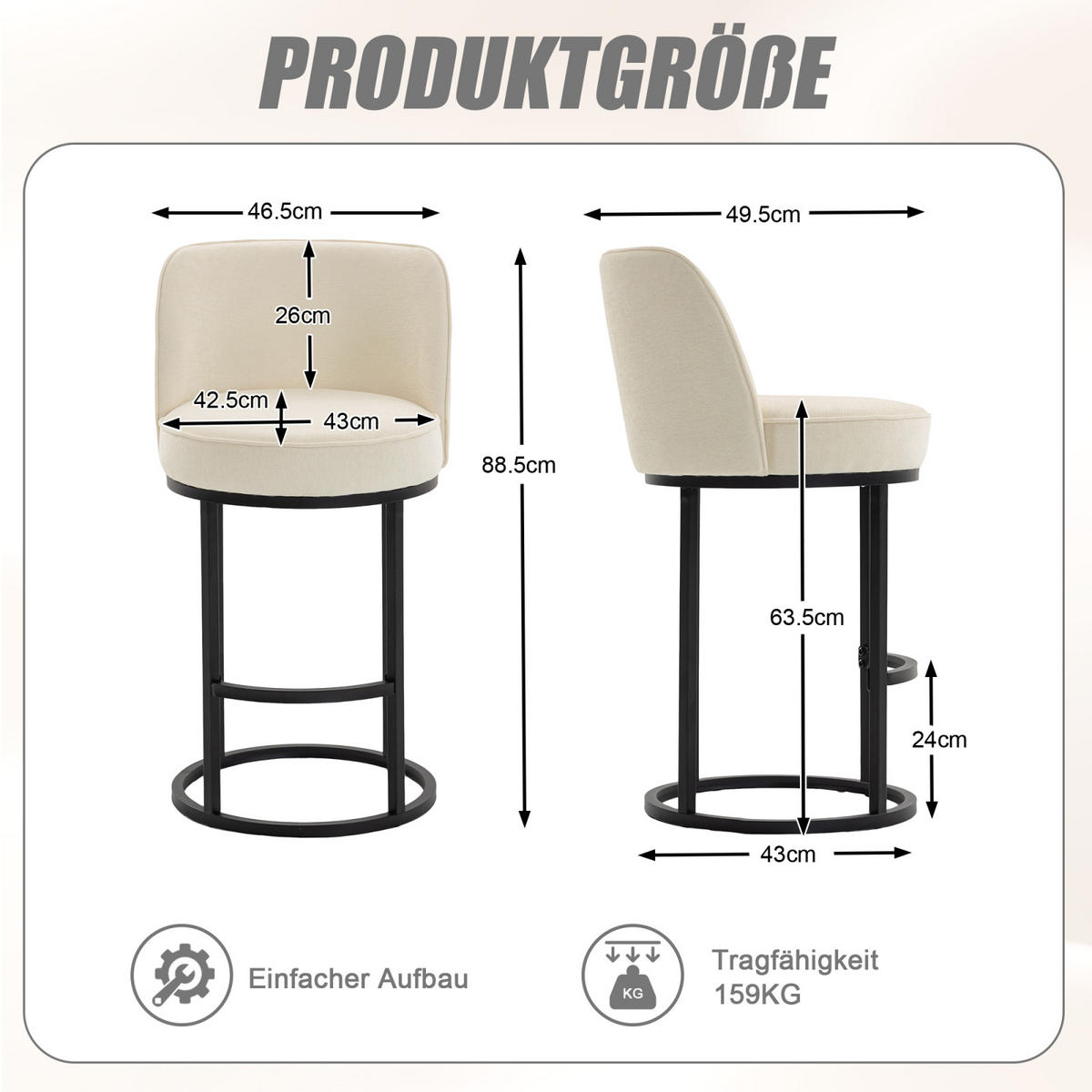 BARHOCKER 2er Set Beige, gepolstert mit Rücken- & Armlehne, Küche - Beige, Metall (46/88/49cm) - PARAFTA HOME
