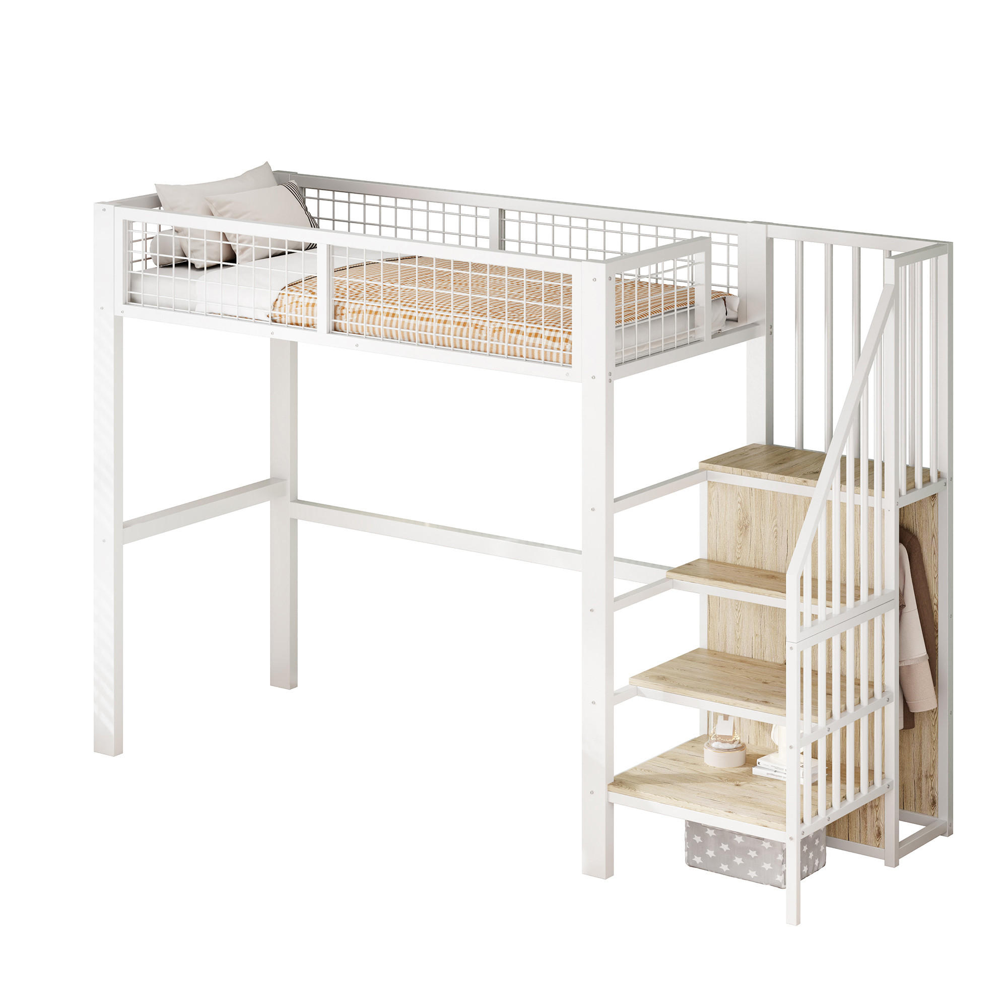 HOCHBETT 90/200 cm in Weiß mit Leiter und Kleiderschrank - Weiß, Metall (90/200cm) - Flora Grace