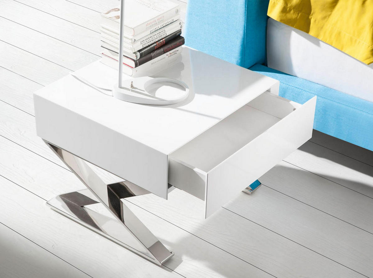 NACHTSCHRANK Nachttisch aus weißem Holz und verchromtem Stahl 50/48/38 cm - Edelstahlfarben/Weiß, Holz/Metall (50/38/48cm) - ANGEL CERDA