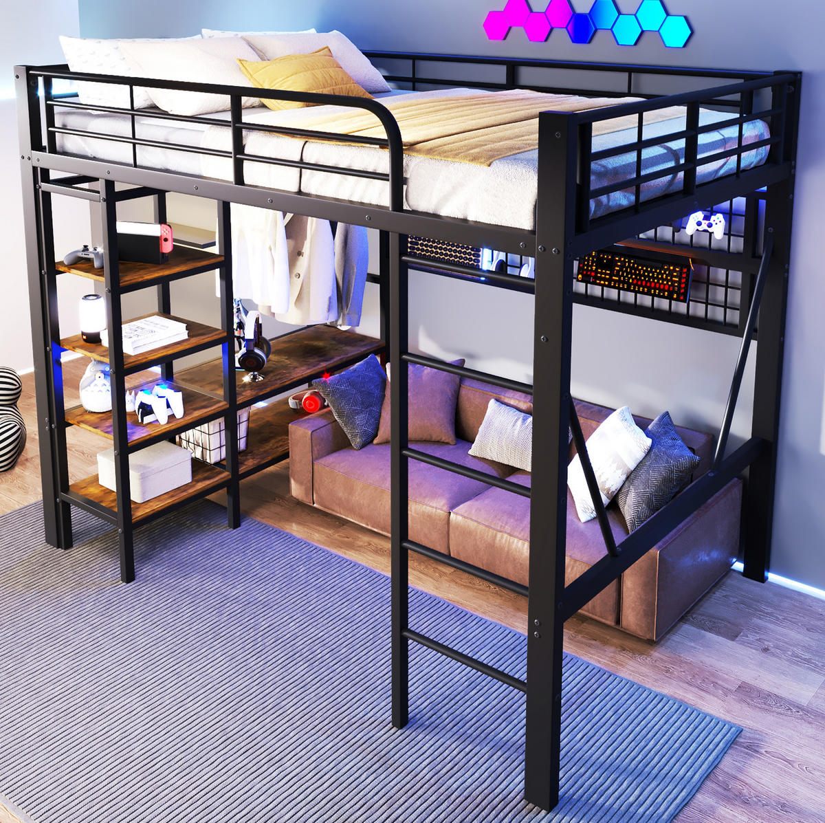 HOCHBETT 140/200 cm aus Metall mit LED-Beleuchtung und Ablagefach in Schwarz - Schwarz, Metall (140/200cm) - Flora Grace