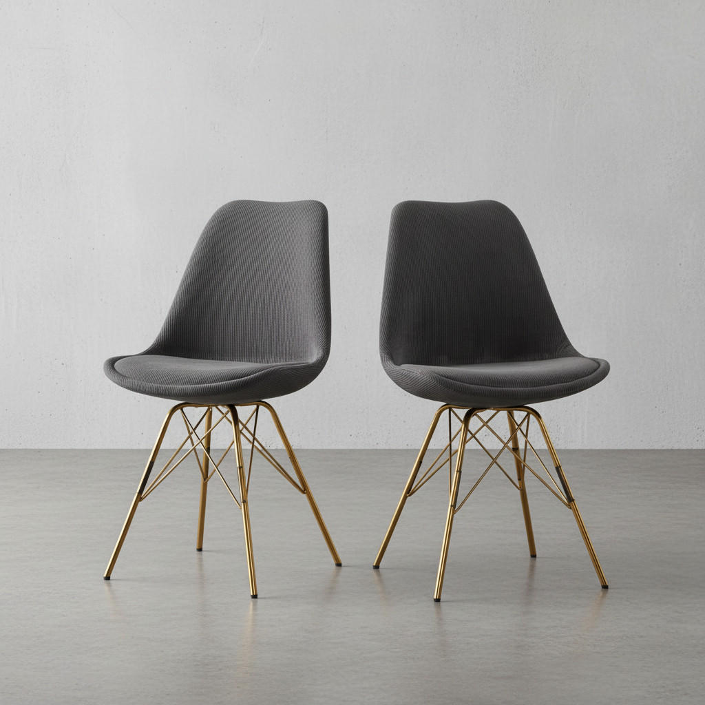 ESSZIMMERSTUHL 2er Set Cordstoff mit Metallgestell Schalenform Skandinavisch gepolstert, Anthrazit 48x58x85 cm - Anthrazit/Goldfarben, Textil/Metall (48/85/58cm) - KADIMA DESIGN