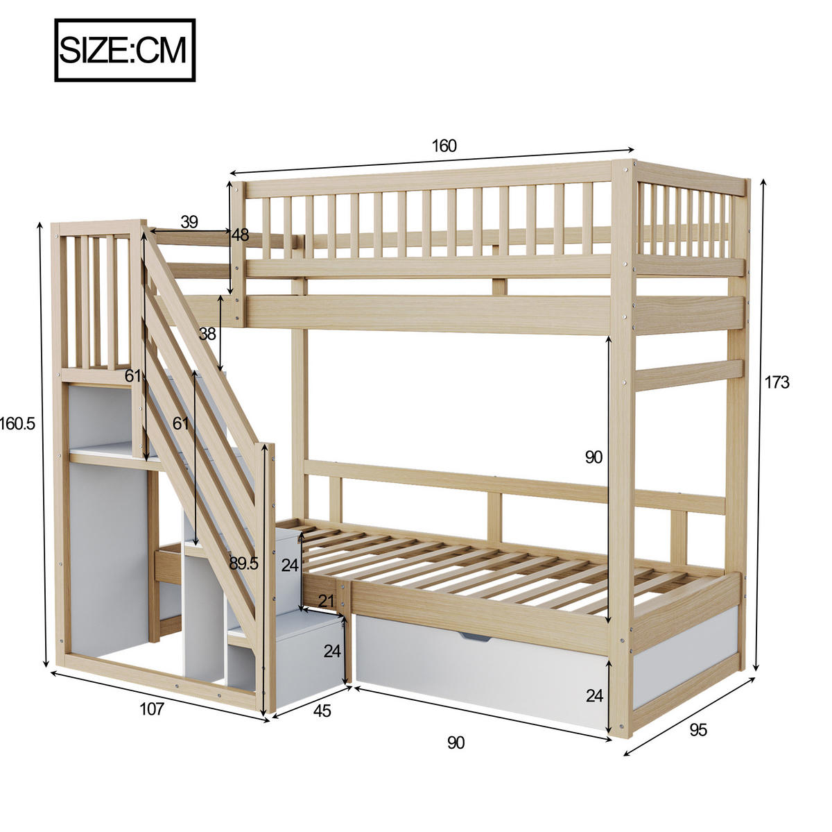 ETAGENBETT aus Kiefernholz 90x200 cm Naturholz/Weiß mit Stauraumtreppe und Schubladen - Naturfarben, Holz (90/200cm) - IVMEU