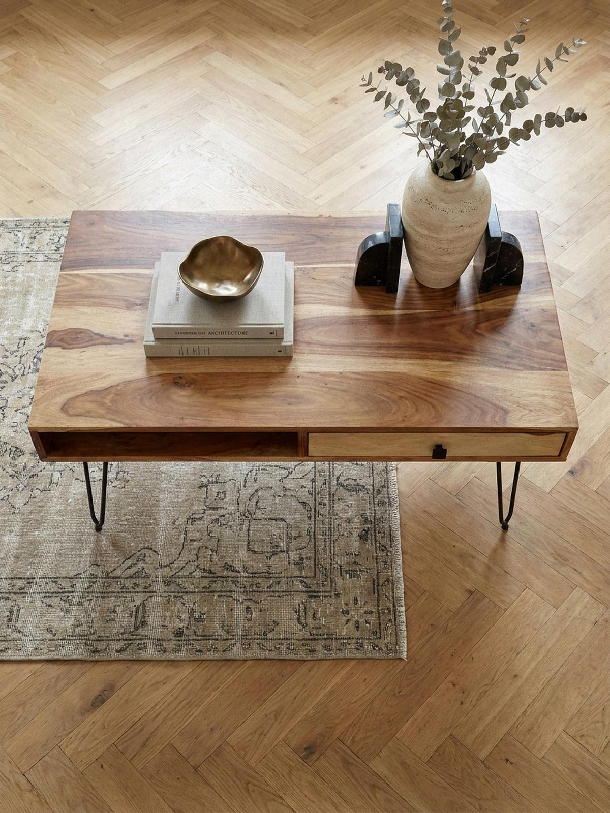 COUCHTISCH BALU mit Schubfächern aus Massivholz und Metallfüßen, leichter Aufbau, Beige 110x60x60 cm - Beige/Schwarz, Holz/Metall (60/110/60cm) - KADIMA DESIGN