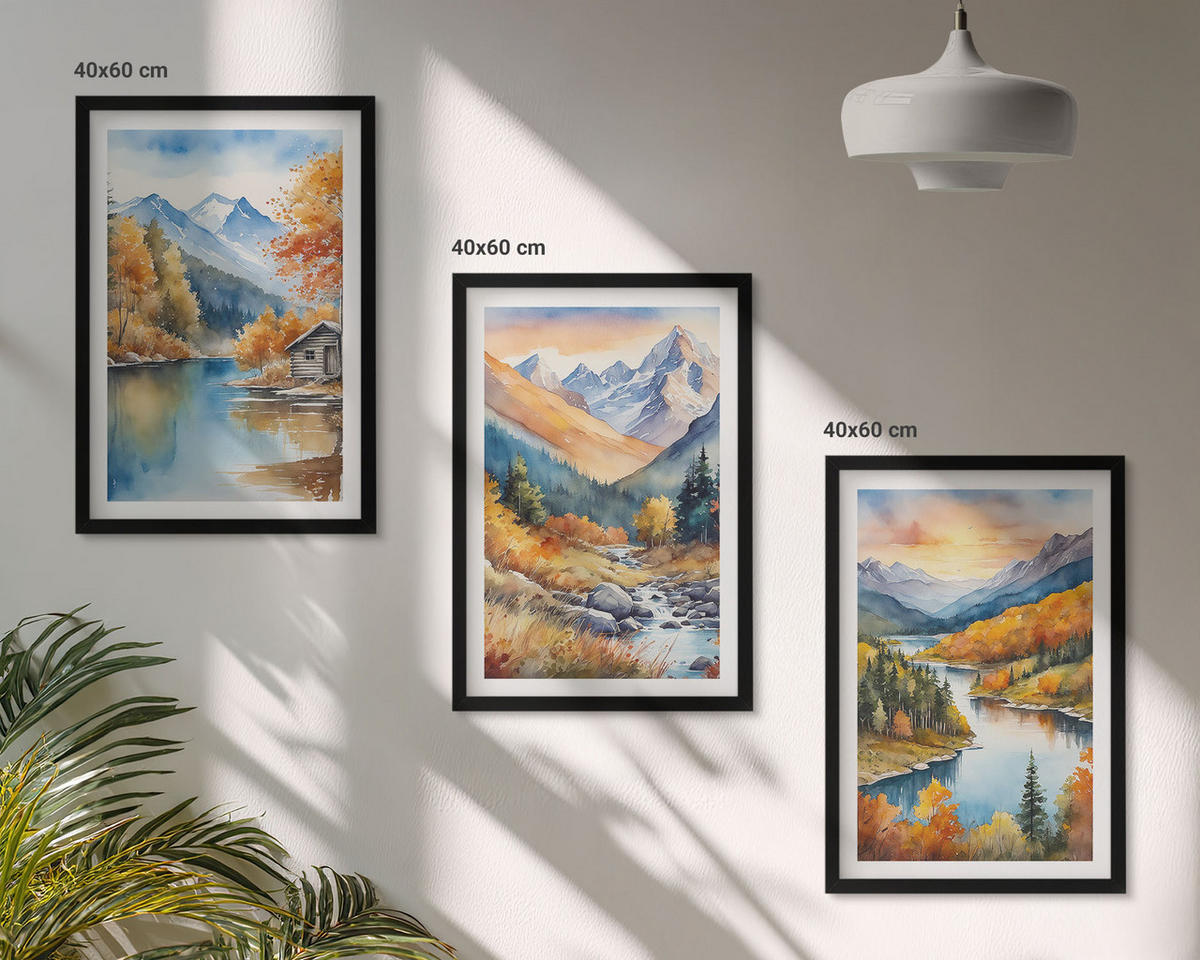 WANDBILDER 3er-Set - 40x60 cm Schwarzer Rahmen - Berglandschaft, Fluss, Herbst - Schwarz, Kunststoff (40/60cm) - ArtPrintCave