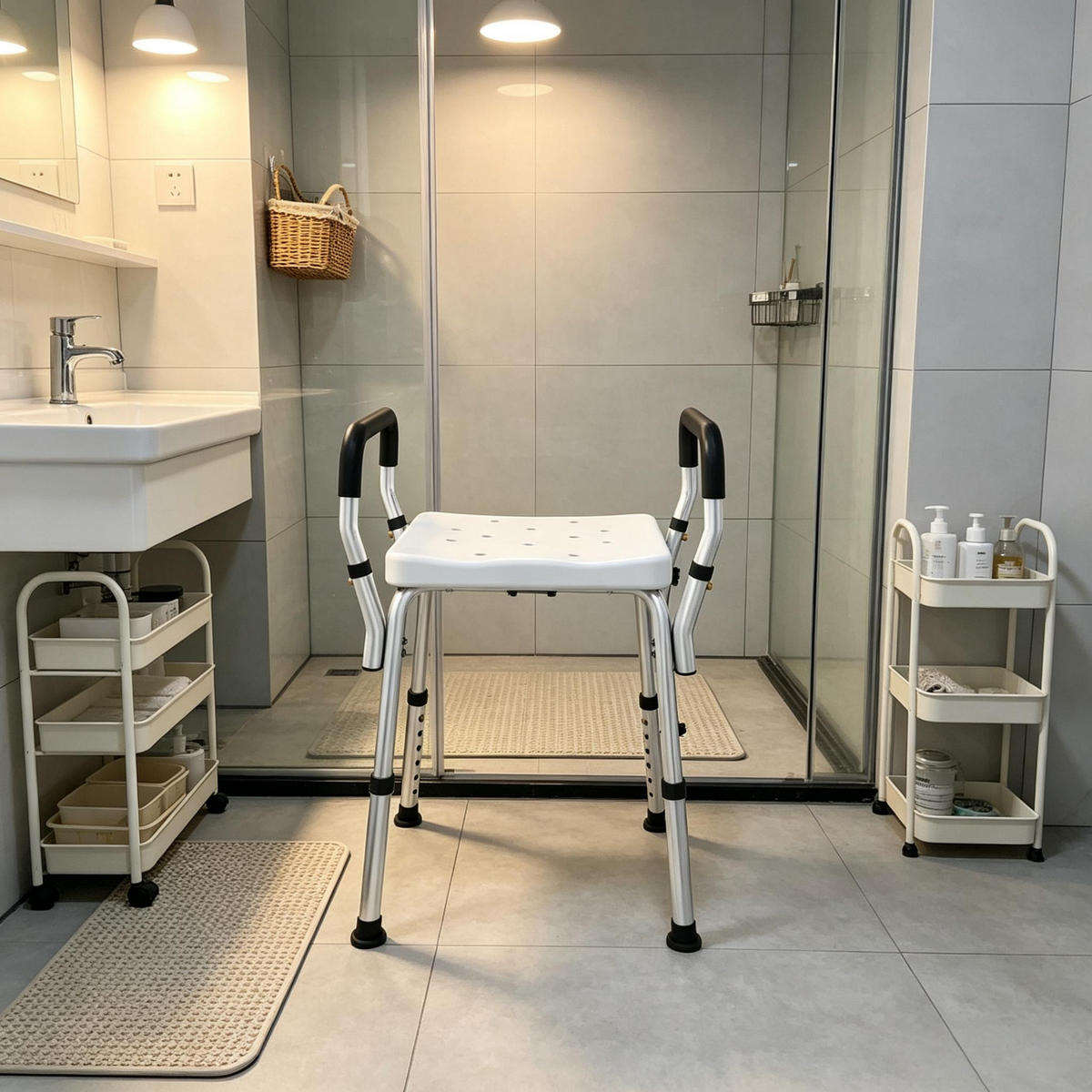 DUSCHSTUHL 6-fach höhenverstellbar, DE-42181, Silber/Weiß - Weiß, Kunststoff/Metall (45/69/52cm) - ComfortXL