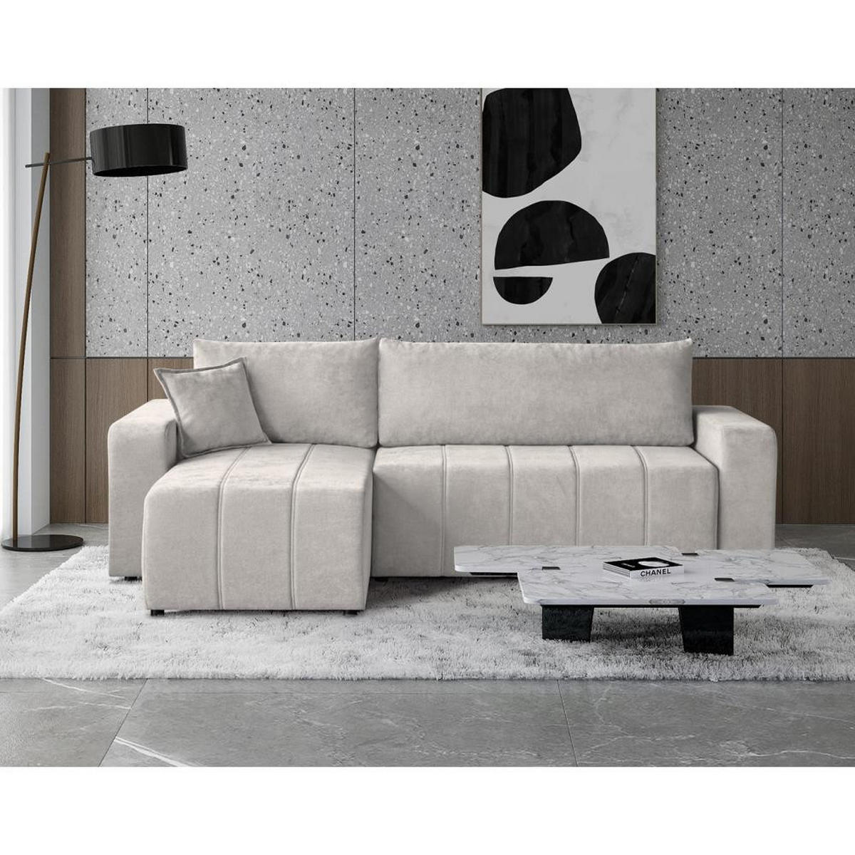 ECKSCHLAFSOFA Mori beige - Beige/Schwarz, Kunststoff/Textil (250/155cm) - Beautysofa