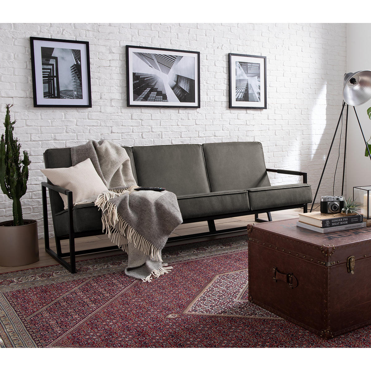 3-SITZER SOFA - Antiklederlook - Grau, Textil (185/74/82cm) - home24