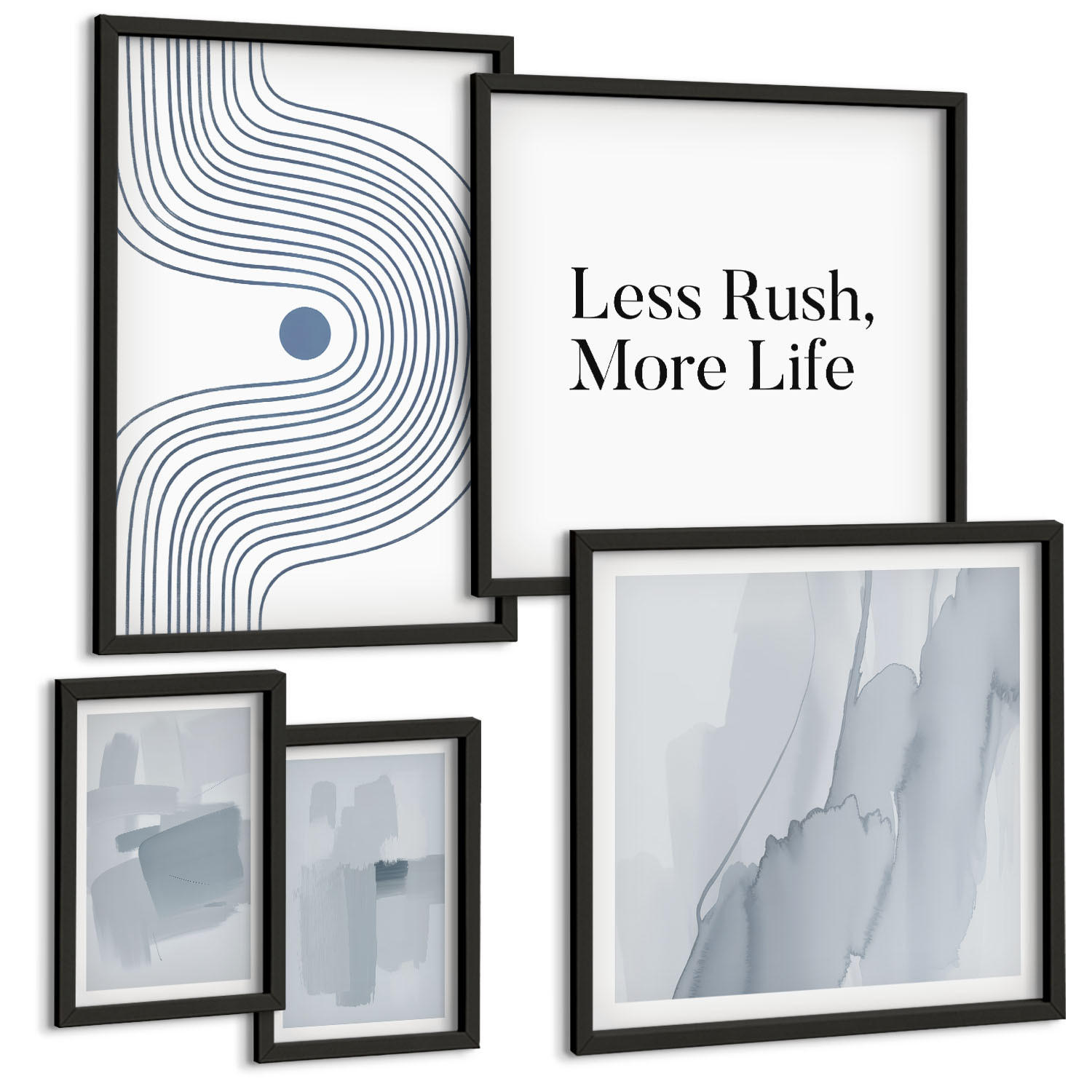 BILDER SET 5er Set - 50x50 cm & 20x30 cm & 40x60 cm Schwarzer Rahmen - Abstrakte Aquarellkompositionen - Schwarz, Kunststoff (40/60cm) - TULUP