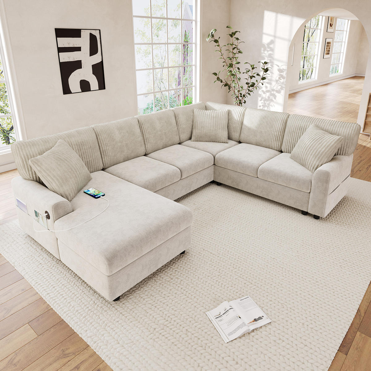 WOHNLANDSCHAFT mit U-Form, Chaise longue, USB und Type-C in Beige - Beige, Textil (249/83/196cm) - EVRYAE
