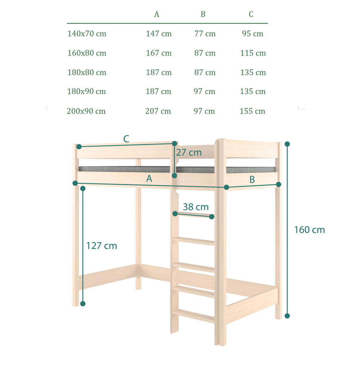 HOCHBETT Hugo 180x80 naturweiß mit Matratze - Naturfarben, Holzwerkstoff (80/180cm) - LUKDOM