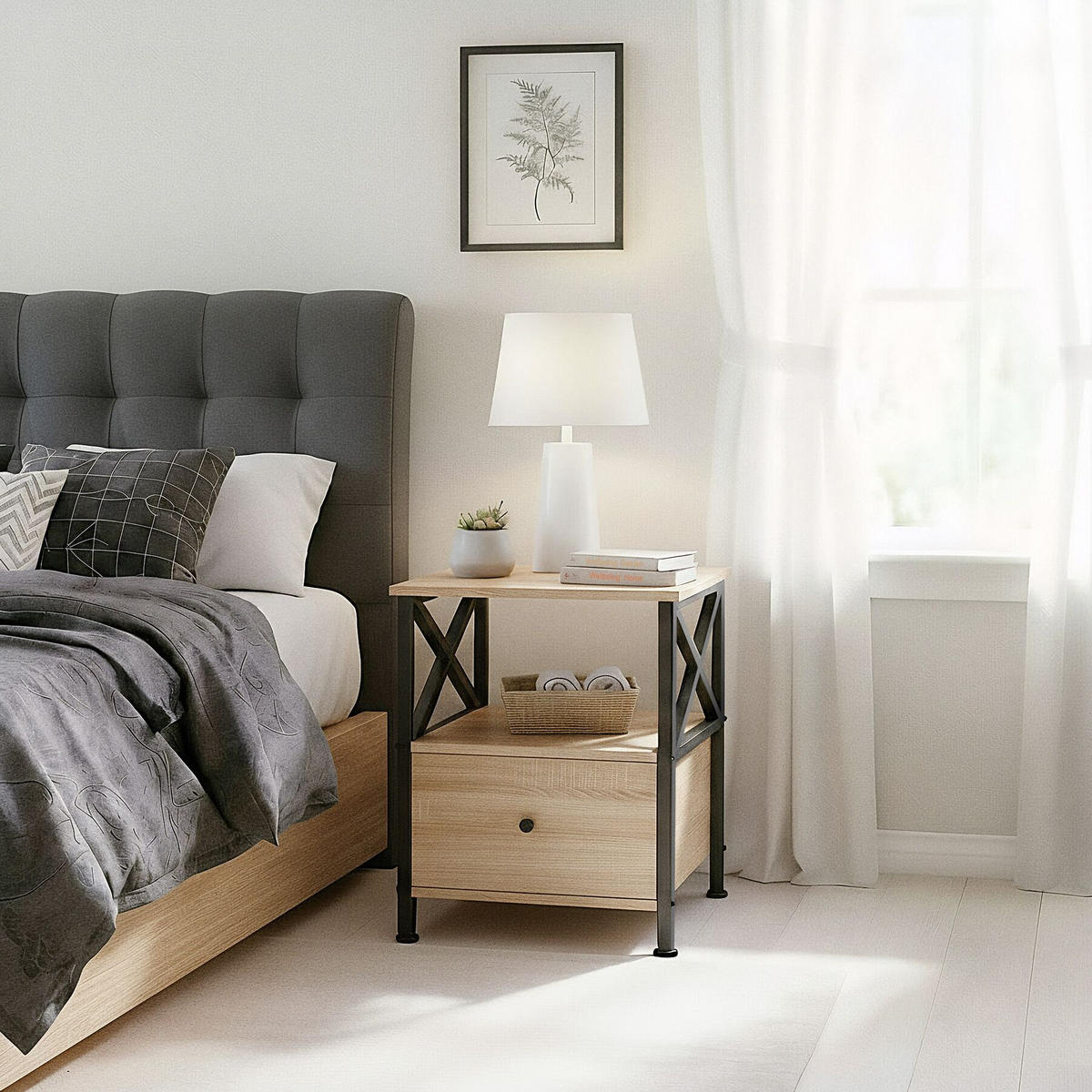 NACHTSCHRANK Falkirk, 40 x 41,5 x 55,5 cm, Industrial Holz hell, Eiche Sonoma - Naturfarben, Holzwerkstoff (40/55.5/41.5cm) - tectake