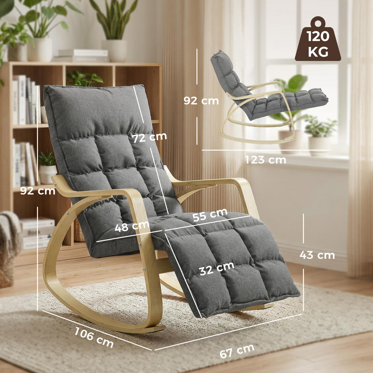 SCHAUKELSTUHL DE-07596 mit verstellbarer Fußstütze Grau - Grau, Textil (67/92/106cm) - ComfortXL