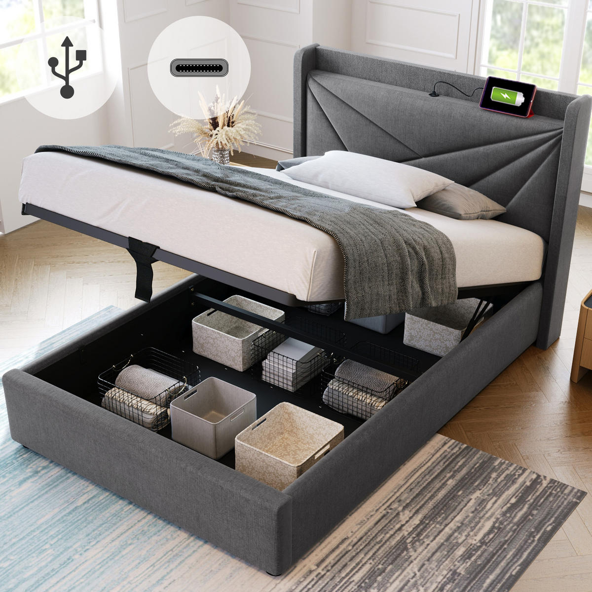 POLSTERBETT 90/200 cm Grau mit Stauraum und USB- und Type-C-Anschlüssen - Grau, Textil (90/200cm) - Flora Grace