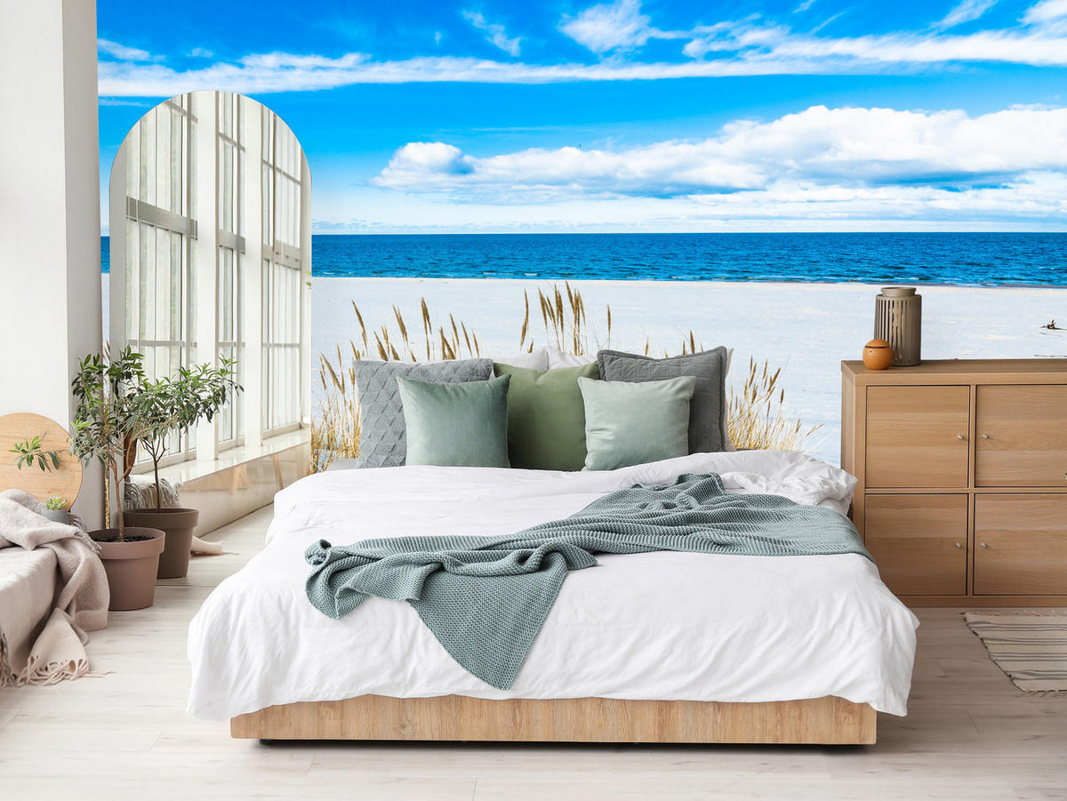 FOTOTAPETE für Badezimmer Sonnenstrand Meer Landschaft Sand 350x256 - Blau/Beige, Papier (350/256cm) - Muralo