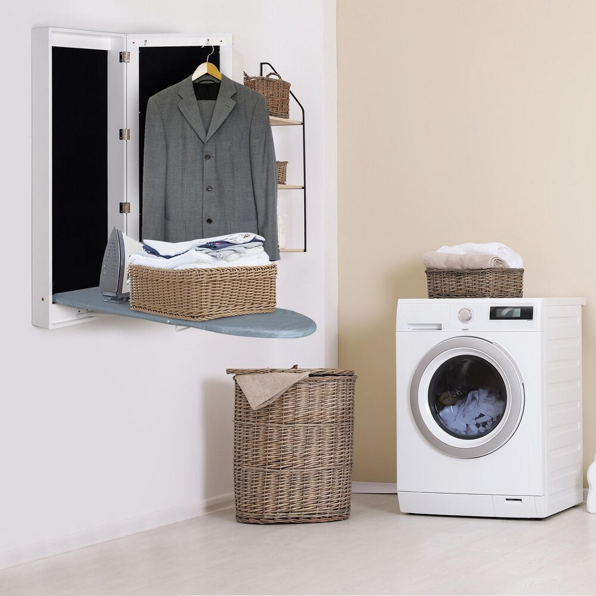 BÜGELBRETTSCHRANK DE-37977 mit Spiegel und Aufbewahrung Weiß - Weiß, Holzwerkstoff (95.5/9.5/35.5cm) - ComfortXL