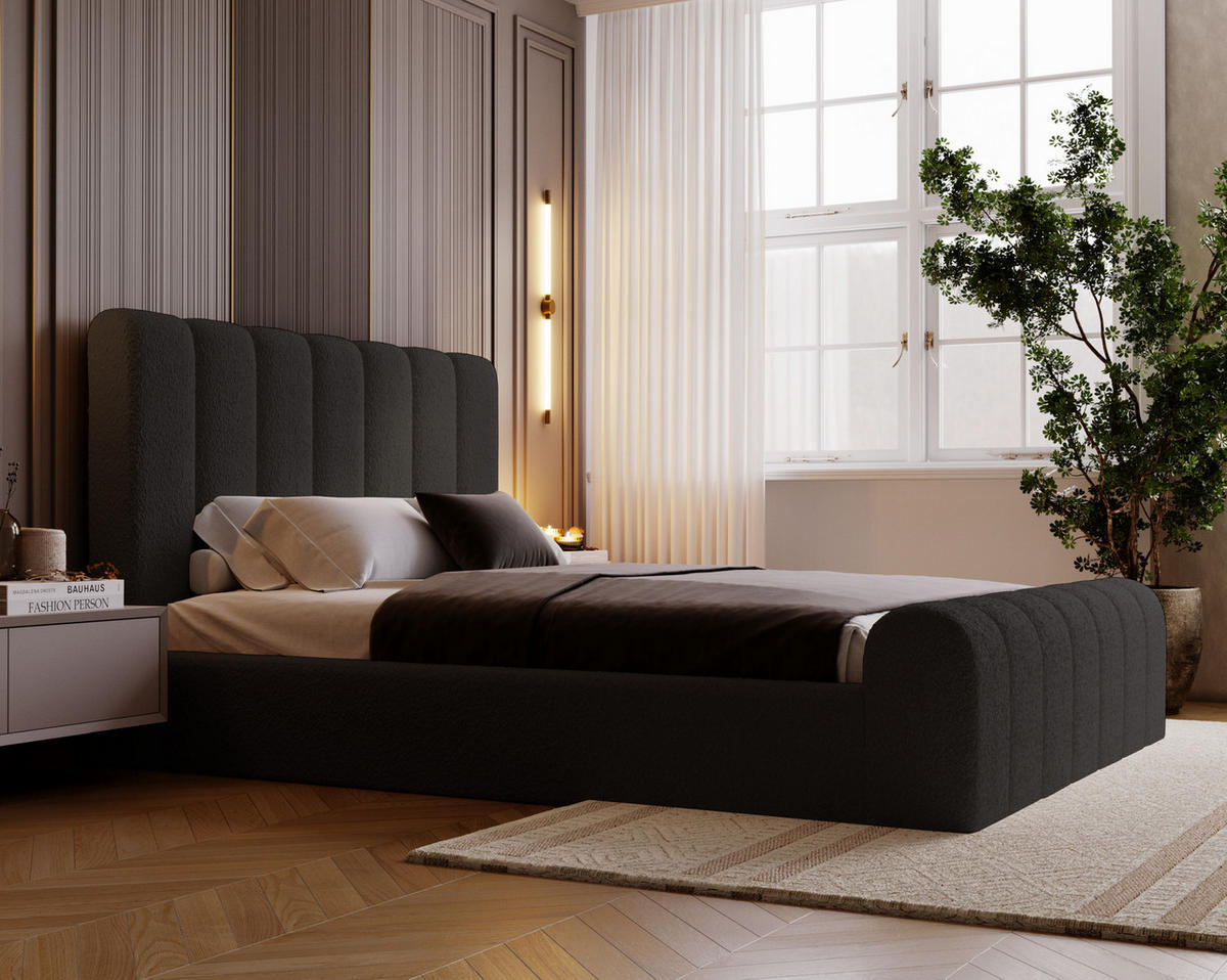 POLSTERBETT 160x200 Valetta mit Bettkasten, Bouclé Schwarz - Schwarz, Holz/Textil (160/200cm) - Emporius