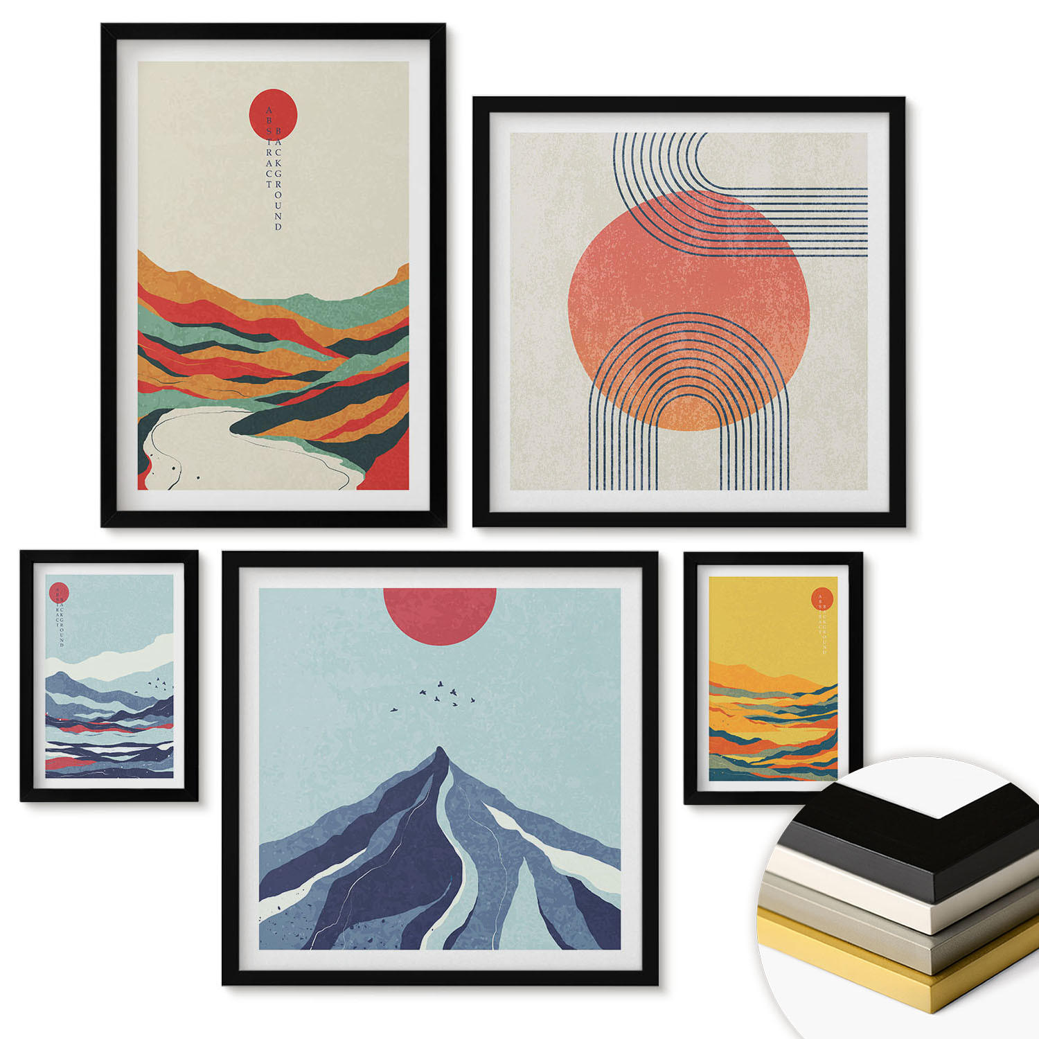 WANDBILDER 5er-Set - 50x50 cm & 20x30 cm & 40x60 cm Schwarzer Rahmen - Pastellfarbene Berge im Japandi-Stil - Schwarz, Kunststoff (40/60cm) - ArtPrintCave