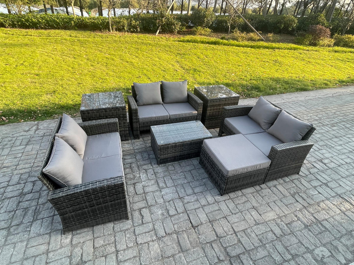 GARTENSOFA Hohe Rückenlehne Polyrattan Dunkelgrau 7-Sitzer - Dunkelgrau, Metall - Fimous