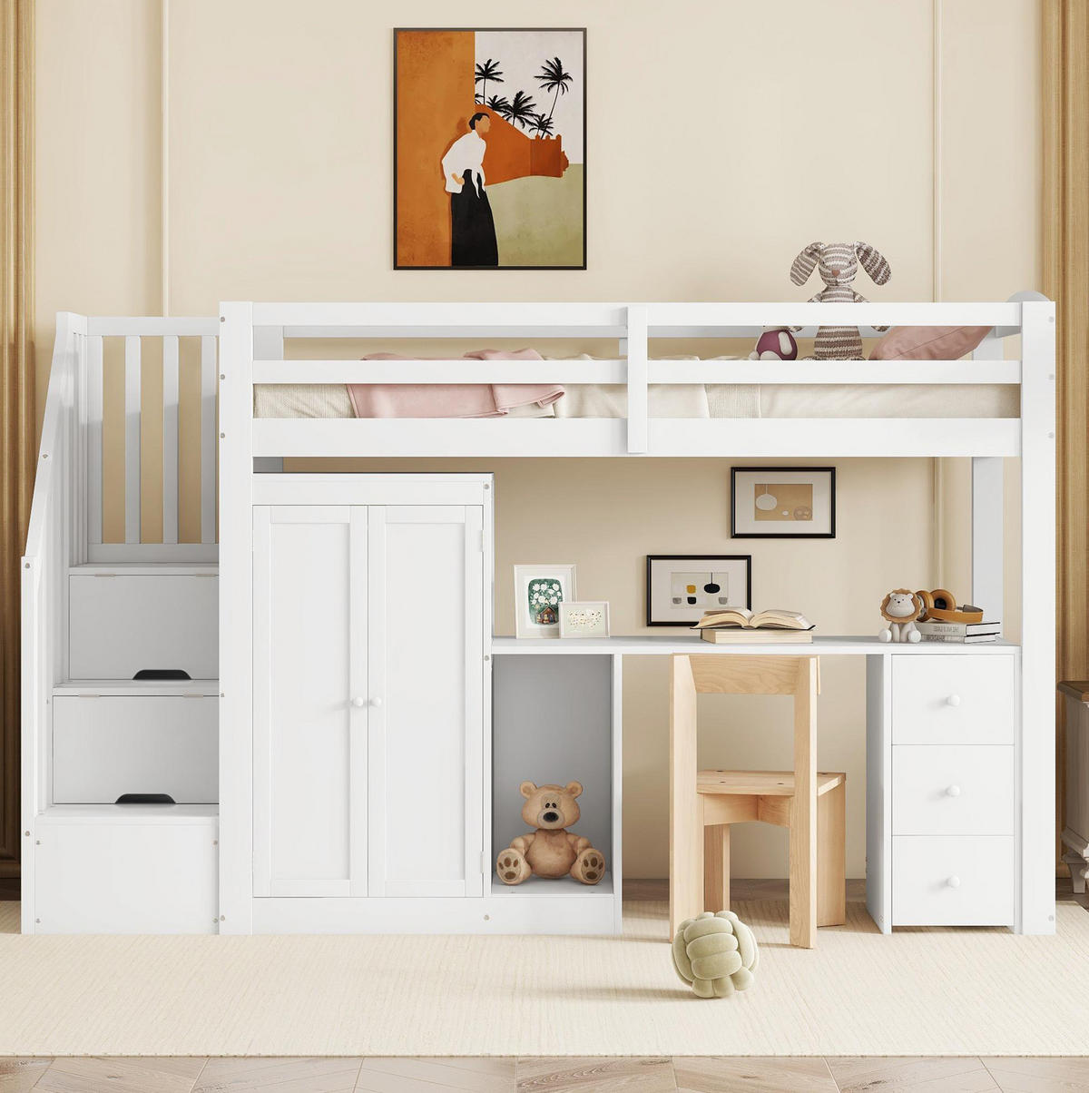 HOCHBETT 90/200 cm in Weiß mit Schreibtisch, Kleiderschrank und Stauraumtreppe - Weiß, Holzwerkstoff (90/200cm) - Flora Grace