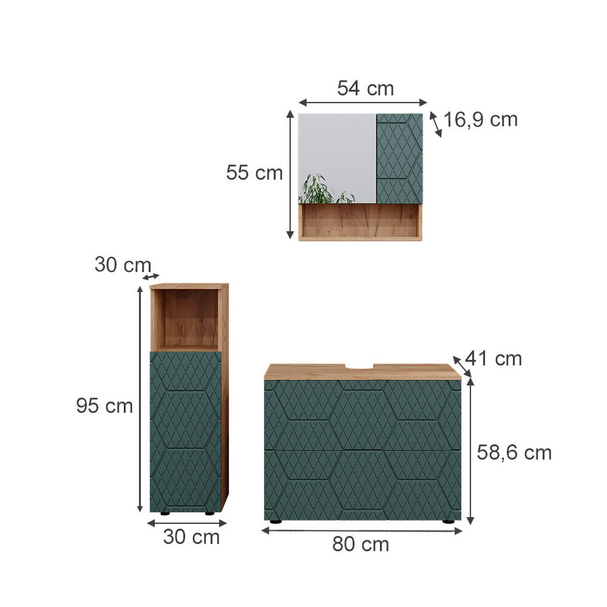 BADMÖBEL-SET Irma Grün 3 Teile, mit Midischrank - Eiche Wotan/Grün, Holzwerkstoff (80/58.6/41cm) - Vicco