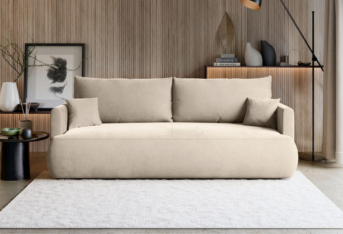 3-SITZER SOFA Ovo Mini Hellbeige Velours Easy-Clean - Ecru/Schwarz, Kunststoff/Textil (226/90/97cm) - Selsey