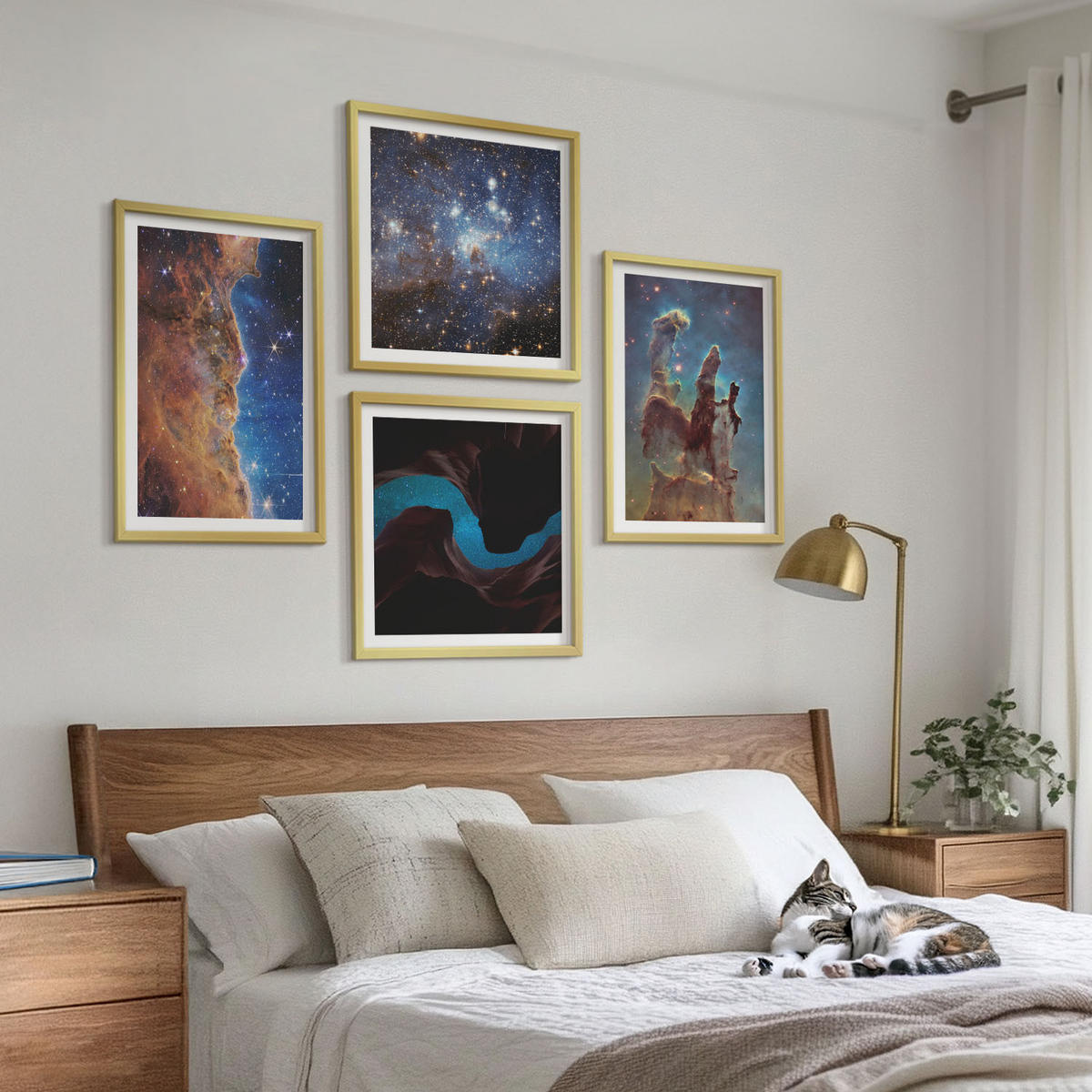 WANDBILDER 4er Set - 50x50 cm & 40x60 cm Goldrahmen - Weltraumlandschaften von Galaxien - Goldfarben, Kunststoff (50/50cm) - ArtPrintCave
