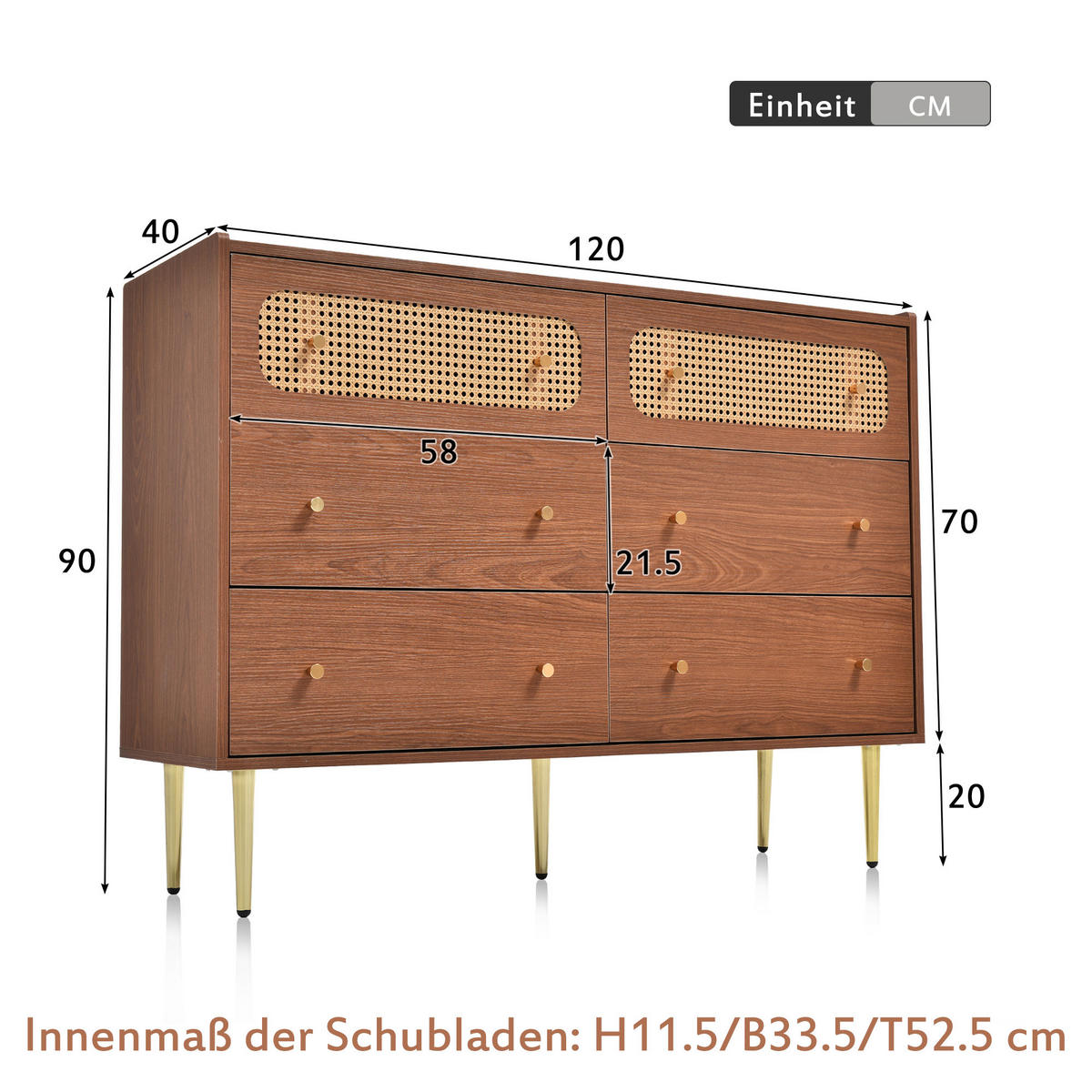 SIDEBOARD mit 6 Schubladen und Rattan-Elementen - Braun, Holzwerkstoff/Metall (120/90/40cm) - Urban Meuble