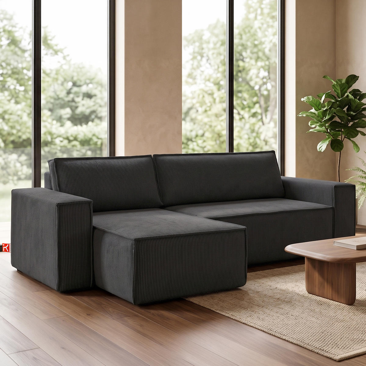 ECKSOFA-LINKS/RECHTS NAPI Schlaffunktion mit Cordbezug, dunkelgrau - Dunkelgrau/Schwarz, Textil (262/148cm) - KONSIMO®