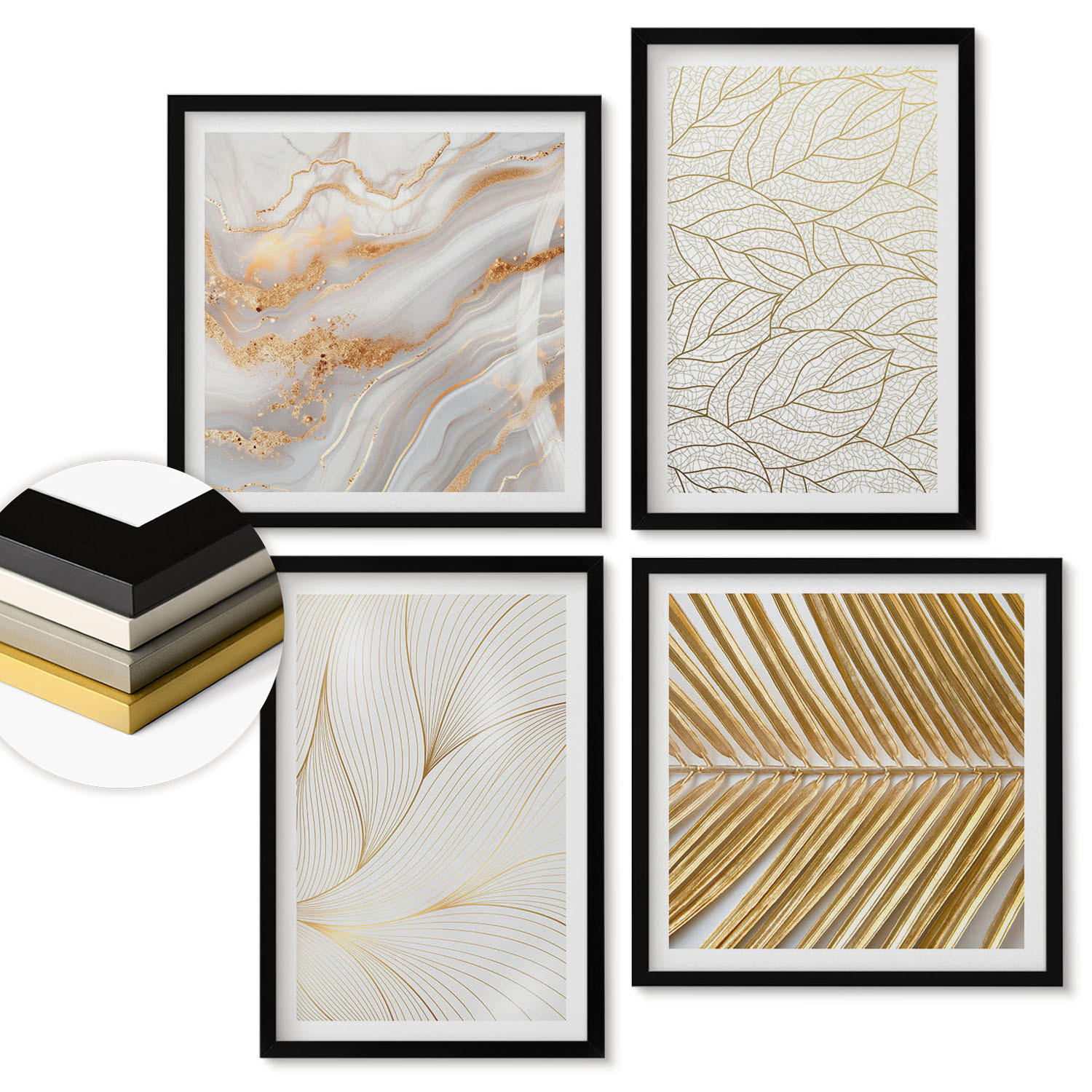 WANDBILDER 4er-Set - 50x50 cm & 40x60 cm Schwarzer Rahmen - Blattmuster Marmor abstrakt - Schwarz, Kunststoff (50/50cm) - ArtPrintCave