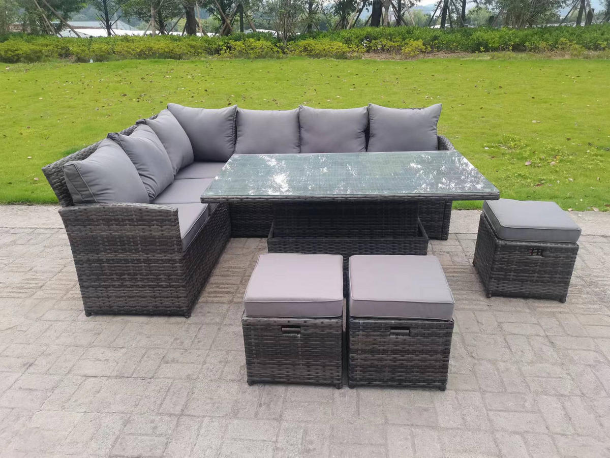 GARTENMÖBEL SET mit höhenverstellbarer Tisch Polyrattan Dunkelgrau 9-Sitzer - Dunkelgrau/Grau, Glas/Kunststoff - Fimous