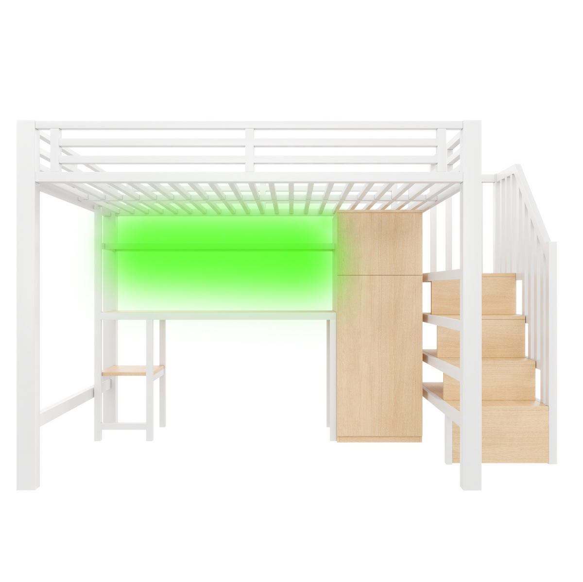 VYSOKÁ posteľ 140/200 cm biela z MDF a kovu so stolom šatníkom policou a LED osvetlením - biela, kompozitné drevo (140/200cm) - OKWISH