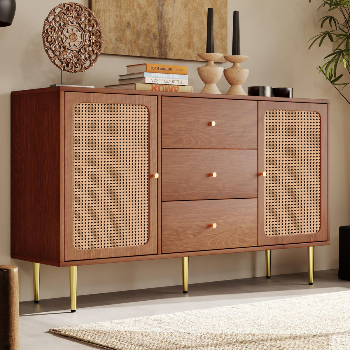 KOMMODE 150/40/90 cm in Nussbaum mit 2 Türen, 3 Schubladen und verstellbarem Fachboden - Naturfarben, Metall (150/90/40cm) - Flora Grace