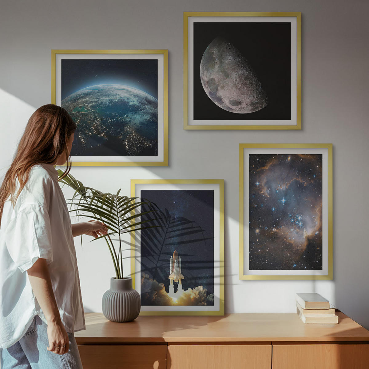 BILDER SET 4er Set - 50x50 cm & 40x60 cm Goldrahmen - Weltraum Erde Rakete Galaxie - Goldfarben, Kunststoff (50/50cm) - TULUP