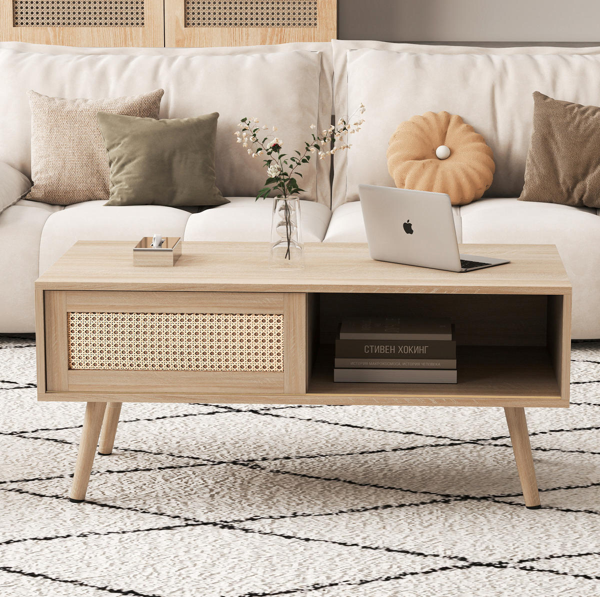 KONFERENČNÍ stolek 105/55/40 cm přírodní z MDF s ratanovými posuvnými dvířky - hnědá, kompozitní dřevo (105/55/40cm) - OKWISH
