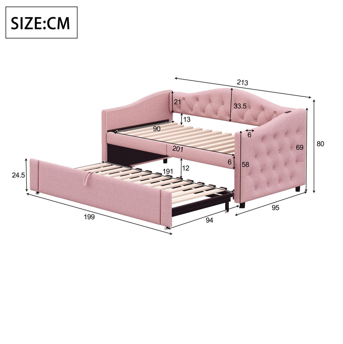 ČALÚNENÁ posteľ 90/200 cm s USB nabíjaním, rozkladacím spaním a lamelovým roštom, Ružová - pink, textil (90/200cm) - Redom