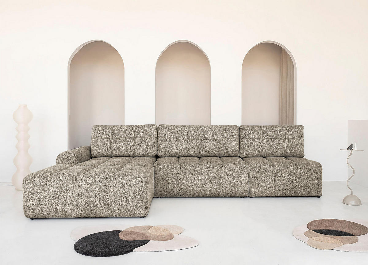 ECKSOFA mit Schlaffunktion - Strukturstoff - Beige/Schwarz, Kunststoff/Textil (338/184cm) - home24