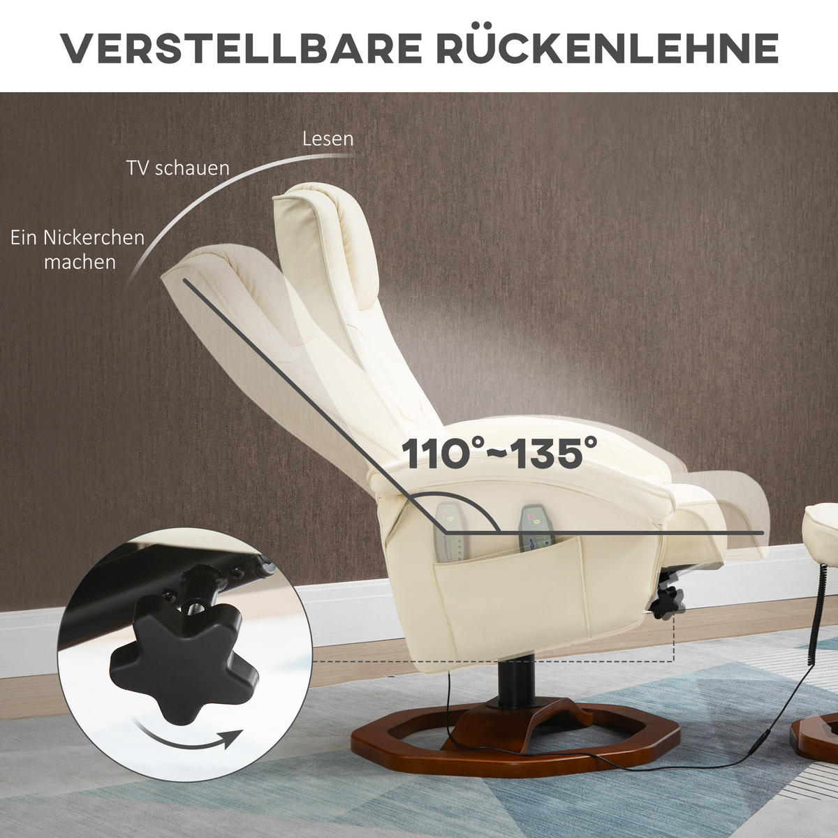 MASSAGESESSEL mit Hocker, Liegefunktion, Fernbedienung, bis 150 kg - Creme, Kunststoff/Metall (83/106/73cm) - HOMCOM