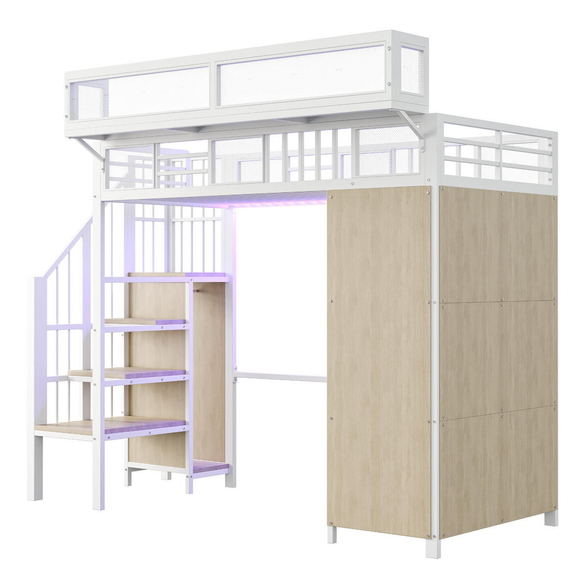 HOCHBETT 90/200 cm Weiß mit Kleiderschrank mit LED-Beleuchtung Metall Holz - Weiß, Metall (90/200cm) - OKWISH