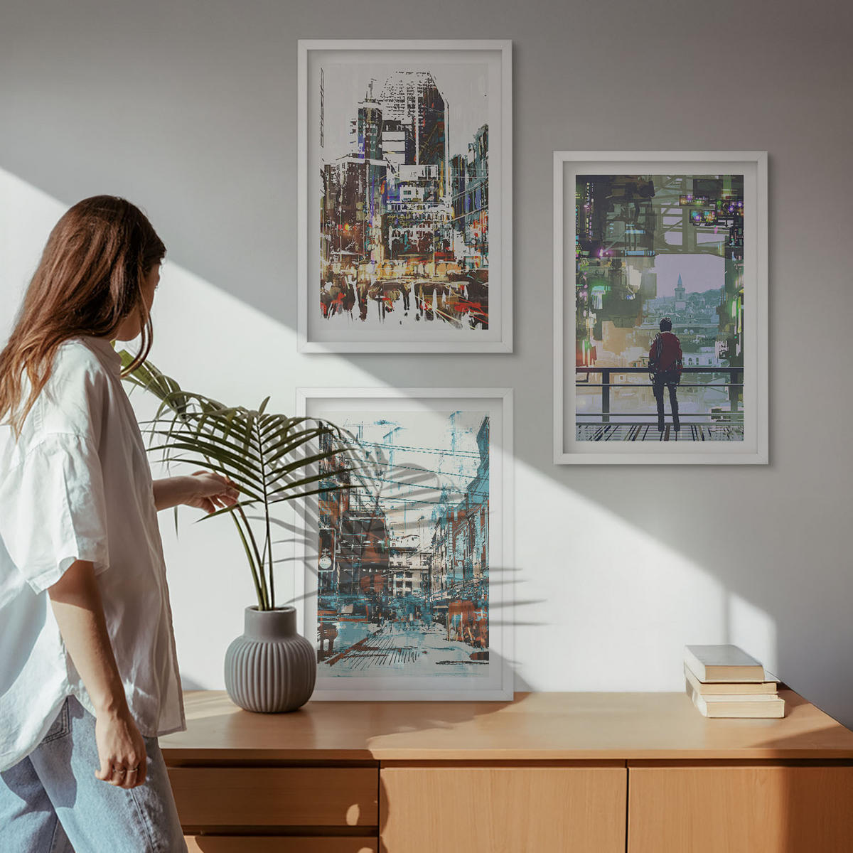 WANDBILDER 3er-Set - 40x60 cm Weißer Rahmen - Moderne Städte, bunte Charaktere - Weiß, Kunststoff (40/60cm) - ArtPrintCave
