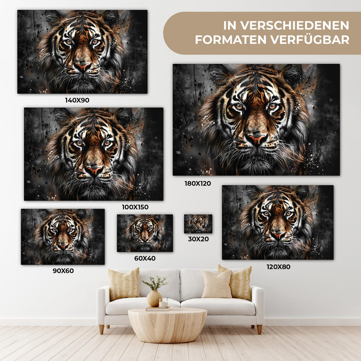 LEINWANDBILD Tiger - Tiere - Porträt - Luxus - Schwarz Wohnzimmer 120x80 cm - Anthrazit, Textil (120/80cm) - MuchoWow