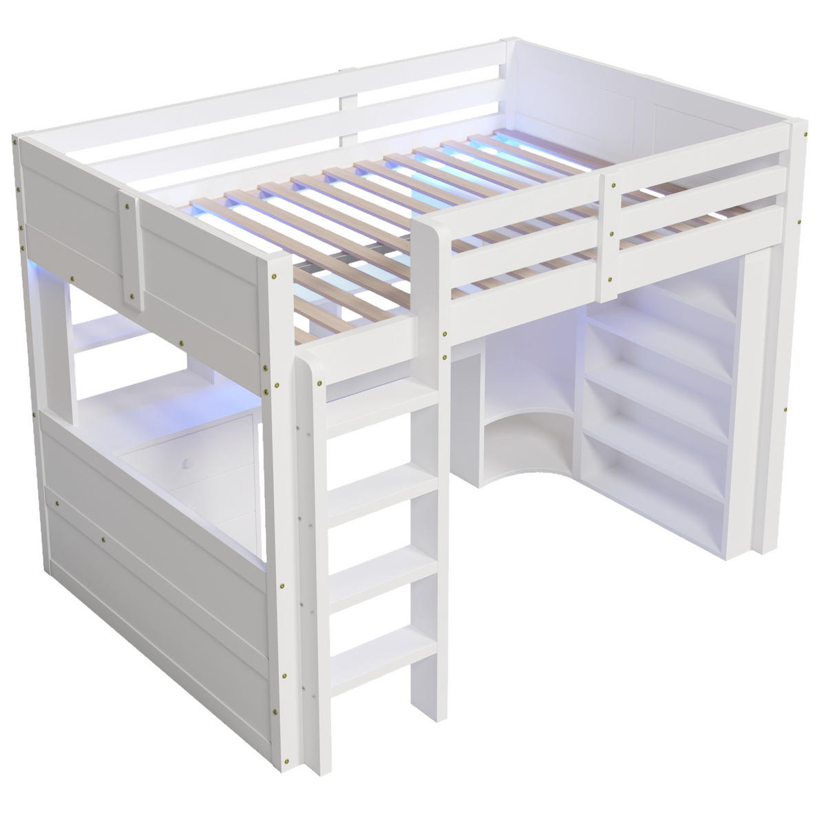 HOCHBETT 140/200 cm aus Kiefernholz mit LED-Beleuchtung, Schreibtisch und Kleiderschrank, Weiß - Weiß, Holzwerkstoff (140/200cm) - Redom