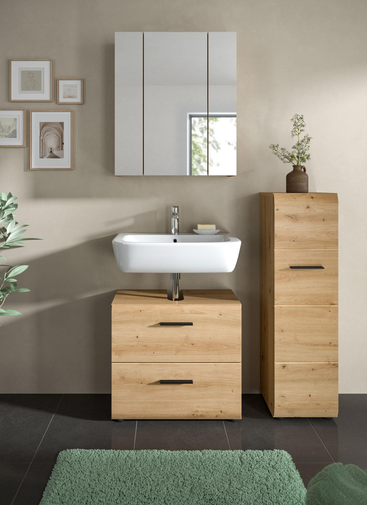 BADMÖBEL-SET 3-teilig, Artisan Eiche, Badkombination 105 x 185 cm, Cover - Schwarz/Eiche Artisan, Glas/Holzwerkstoff (105/185/30cm) - Inn.Furn