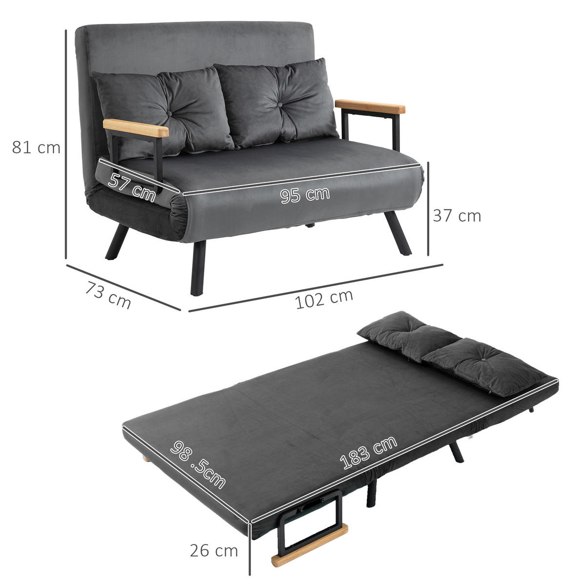 SCHLAFSOFA, Zweisitzer mit Bettfunktion, Schlafcouch mit Samtoptik, Rückenkissen - Dunkelgrau/Schwarz, Holz/Textil (73/81/102cm) - HOMCOM
